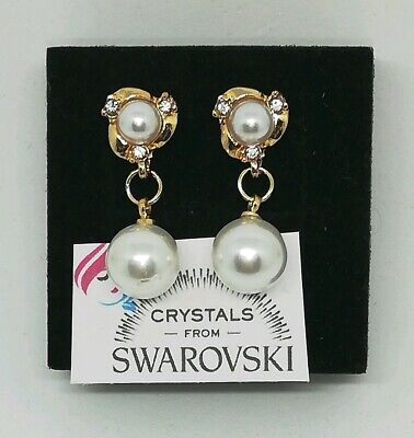 Orecchini Pendenti Donna Oro Giallo Perle E Cristalli Swarovski Veri • 18.23€
