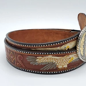 Eagles Mens Leather Belt Embossed Painted Mexico Size 38 W/Freemason Belt Buckle - Picture 1 of 9