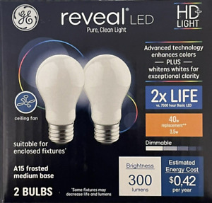 2 GE Reveal HD+ Light 40-Watt A15 Frosted White LED Light Bulbs - NEW
