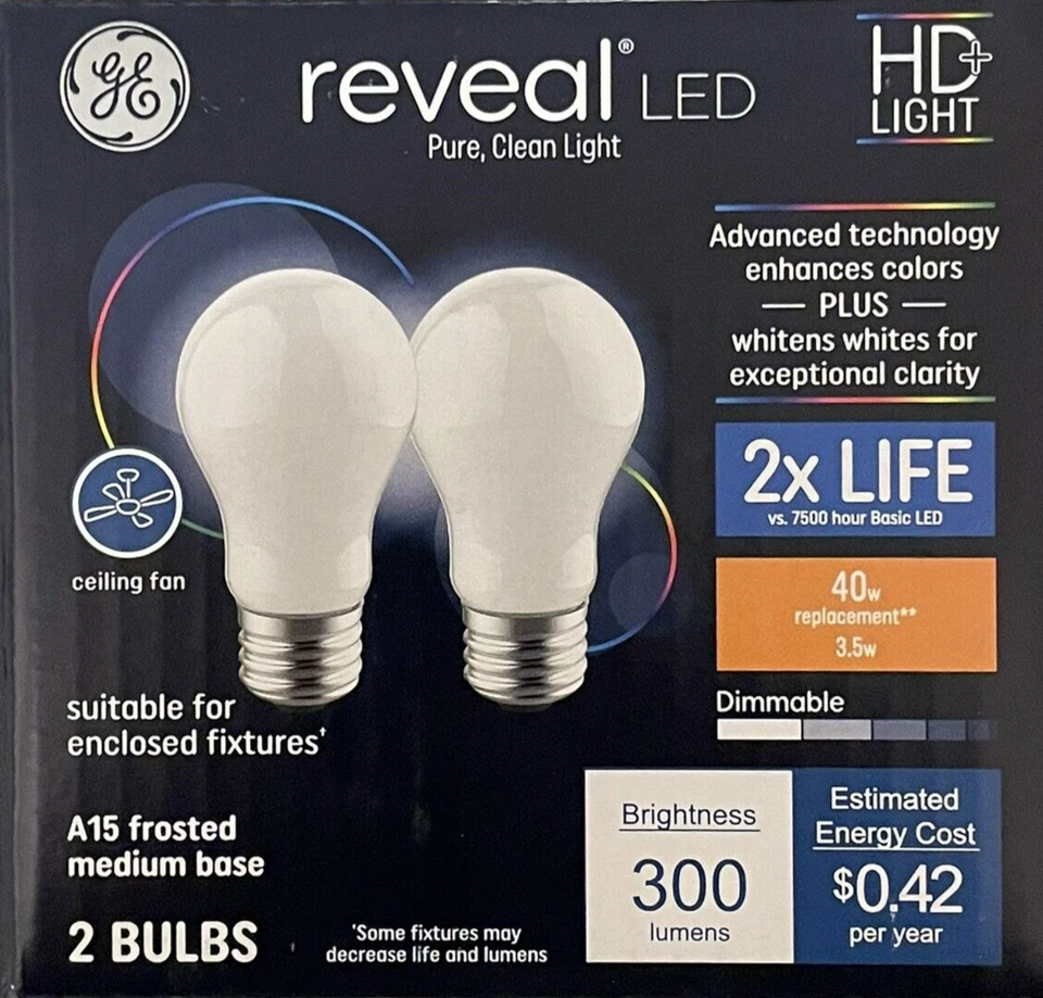 2 GE Reveal HD+ Light 40-Watt A15 Frosted White LED Light Bulbs - NEW - Image 1 of 1