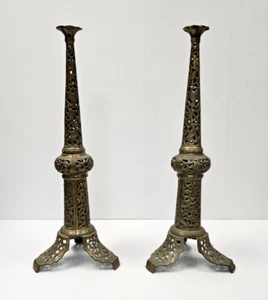 Vintage 23" Pair of Brass Candlesticks Judaica Sabbath Observance Natural Patina - Picture 1 of 12