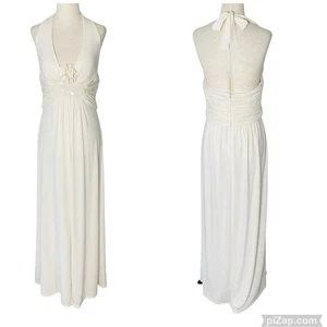 MAX AND CLEO Cream Halter Maxi Dress Beaded and 3D Floral Rosette Size 8 - Picture 1 of 9