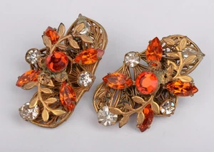 Vintage signierte ROBERT orange & klare Strass filigran Clip-On Ohrringe - Bild 1 von 9