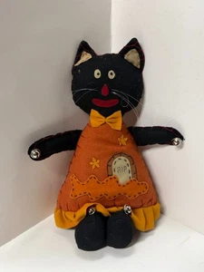 Halloween Primitive Black Cat RIP Rag Cloth Fabric Doll Jingle Bells - Picture 1 of 6