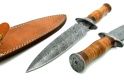 Cuchillo de acero Damasco estilo daga mango revestido de cuero y funda a juego 13" Foto 1 de 4