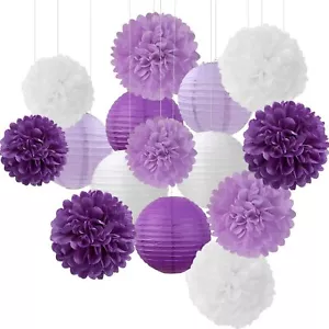Purple-White Lavender Party Decorations Paper Flowers Lanterns - 15PCS Birthd... - Picture 1 of 7