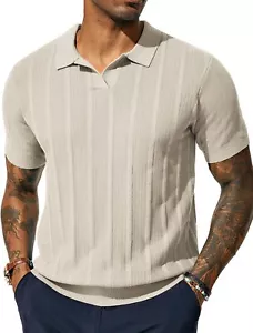 Mens V Neck Polo Shirt Textured Knit Short Sleeve Lightweight Summer Top - Picture 1 of 54