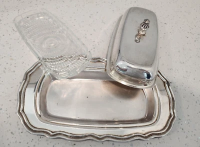 Plato de mantequilla cubierto vintage Oneida plateado con inserto de vidrio Foto 1 de 4