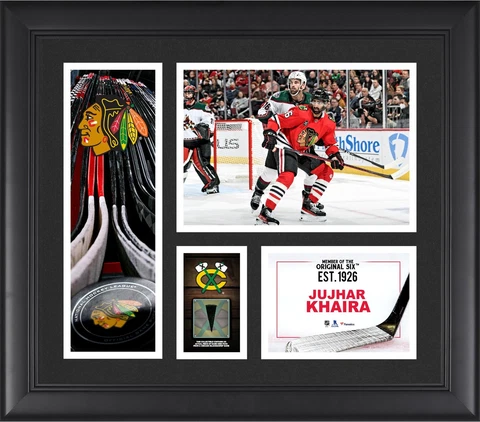 Jujhar Khaira Blackhawks FRMD 15" x 17" Player Collage with a Piece of GU Puck Cover