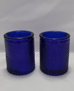 Pair of Vintage Cobalt Blue Glass Votives - Made in Hong Kong