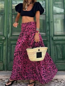 Womens Boho Floral Long Maxi Skirt Ladies High Waist Beach Holiday Swing Dress - Picture 1 of 13
