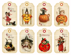 Vtg Halloween Tags Cut & Peel Sticker Sheet For Cards Scrapbook Junk Journal - Picture 1 of 1