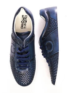 850 $ Ferragamo marineblaue gewebte Gancini Leder-Sneaker 12M - Bild 1 von 10