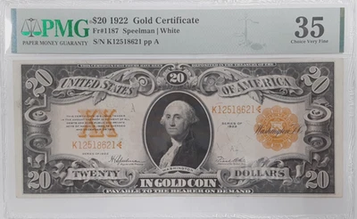 Series 1922 $10 Gold Certificate Speelman/White Fr. 1187 PMG VF35 w/Staple Holes - Image 1 of 2