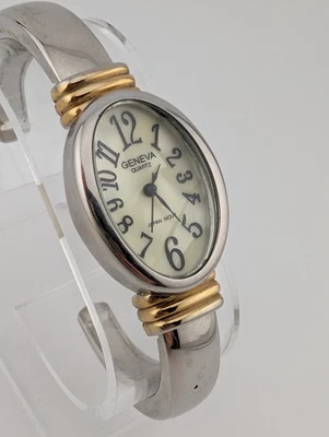 Reloj Geneva Mujer 22mm Caja Plateada Bisagra Brazalete Banda Esfera Perla - Batería Nueva Foto 1 de 4