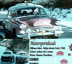Hillman Minx Rallye Monte Carlo 1960 #89 Gunnar Henriksen 1:43 Decal Adesivo - Foto 1 di 1