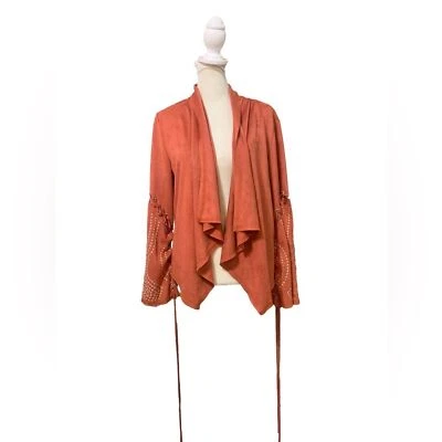 Cárdigan Monoreno Naranja Quemado Imitación Gamuza Bordado Ancho Acampanado Puño Cortina Abierta Foto 1 de 4