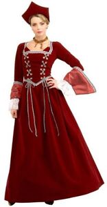Renaissance Faire Maiden 4 Pc Burgundy Velveteen Dress Lace Cuffs & Tudor Hat