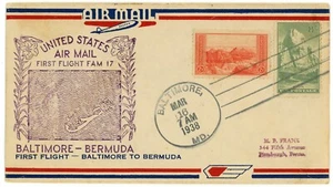 Baltimore to Bermuda #FAM17 First Airmail Flight Cover 10c Postage 1938 USA - Picture 1 of 2