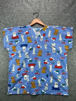 MHD Scrubs Nursing Medical Blue Dog Print Scrub Top Size Medium Shirt Pockets - Image 1 of 4