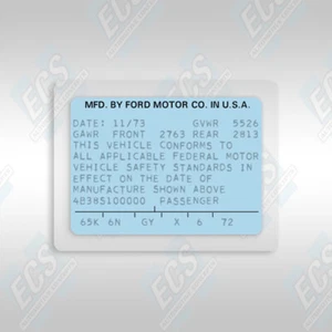 1972-1977 Ford Mercury VIN Door ID Decal Sticker w/VIN & Date Printed Laminated  - Picture 1 of 2