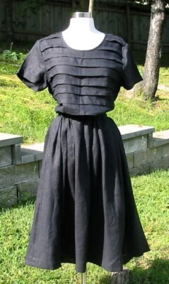 Super Cute OOAK Art to Wear Black Linen Handmade Pleated Dress M EUC Pockets! - Image 1 of 4