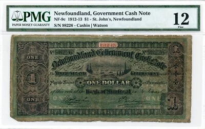 1912-13 $1 Newfoundland, Government Cash Note - Fine, PMG F12 - Image 1 of 2