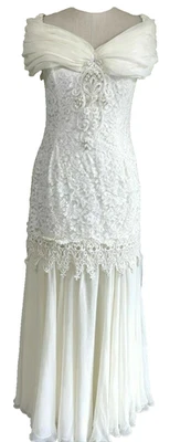 VESTIDO DE NOIVA JESSICA McLINTOCK ANOS 80 VINTAGE TROMPETE SEREIA FORA DO OMBRO 7/8 - Imagem 1 de 4