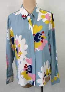 Boden Blouse Womens Size 8 Pastel Blue Multi Silk Floral Shirt Top Button Up - Picture 1 of 4
