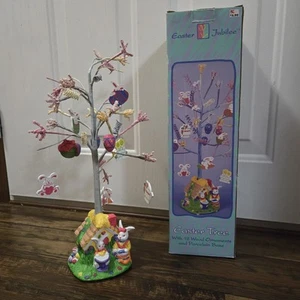 Vintage 18” Easter Tree With 9 Wood Ornaments Porcelain Base Eggs Bunnies - Picture 1 of 10