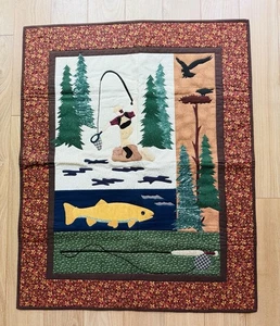 Fly Fishing Themed Patchwork Quilted Blanket Hand Made 33” x 26” - Picture 1 of 9