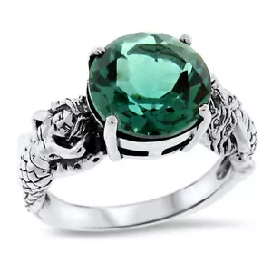 MERMAID RING 925 SOLID STERLING SILVER VICTORIAN STYLE SIMULATED EMERALD 920X - Picture 1 of 16