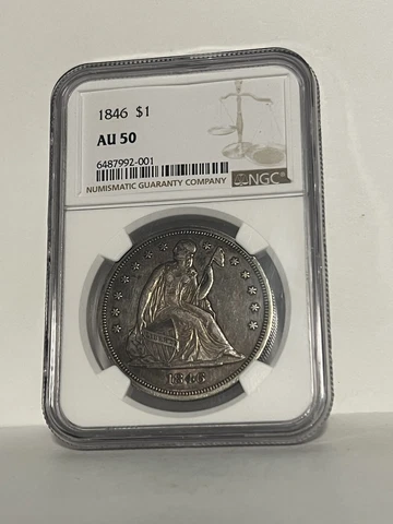 Original 1846 U.S. Seated Liberty Silver Dollar Coin NGC-AU 50 Cover