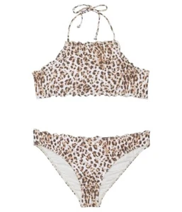 O’Neill L111859 Girl's Brown Leo Ruffle Edge Hi-Neck Swim Set Size 12 - Picture 1 of 4