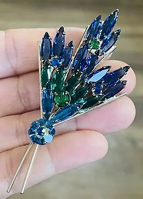 Rhinestone Brooch Pin BLUE GREEN MARGARITA Vintage Costume JEWELRY - Image 1 of 3