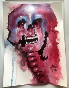 SURREAL ABSTRACT WATERCOLOR SKULL BY GEORGE SILLIMAN HORROR OUTSIDER ART