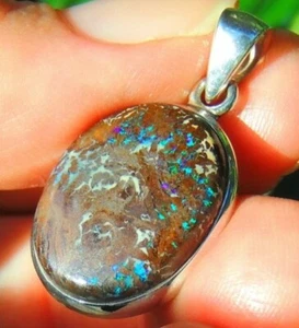 Sparkly Boulder Opal Pendant Australian Opal Queensland Gemstone Sterling Silver - Picture 1 of 9