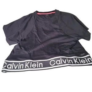 Calvin Klein Womens Black Top 1X Oversize Cropped Graphic Knit Short Sleeve NWT - Picture 1 of 7