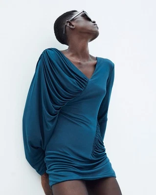 Mini Vestido Saint Laurent Azul Cuello en V Drapeado - Nuevo con Etiquetas Foto 1 de 4