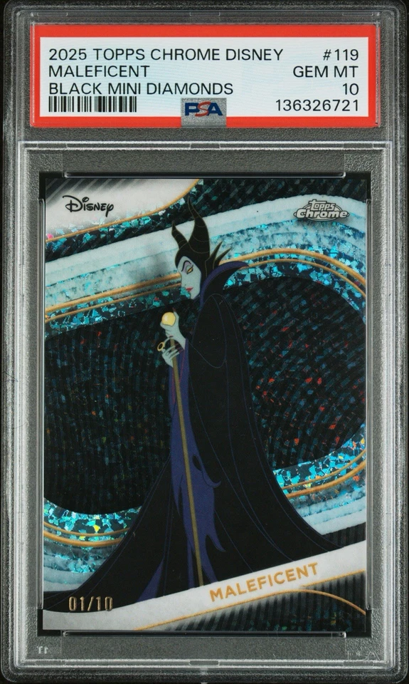 2025 TOPPS CHROME DISNEY #119 MALEFICENT BLACK MINI DIAMONDS 1/10 PSA 10 POP 1 - Image 1 of 4
