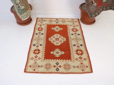 Vintage Hand Knotted Accent Rug Red Beige Tribal Geometric 3x4 ft - image 1 of 4
