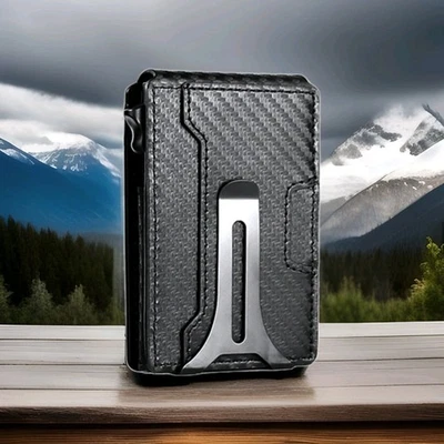 Men's Slim Wallet Popup Bifold Carbon Fiber Money Clip RFID blocking Men Gift ID - Image 1 of 4