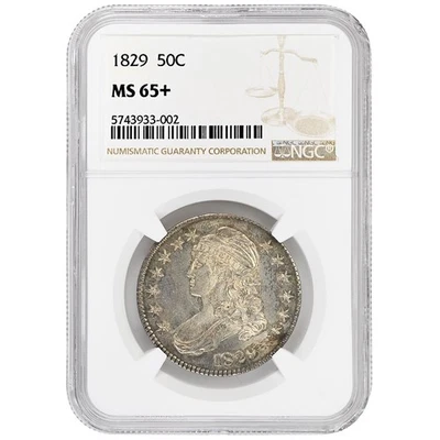 Medio dólar busto tapado 1829 50C, NGC MS65+ moneda rara Foto 1 de 2