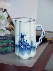 Antique Flow Blue Design Blue Windmill Pitcher Ewer Signed Vintage Estate Piece - Picture 1 of 6