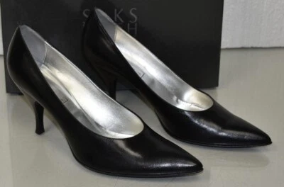 $249 New Saks Fifth Avenue Leather Pumps Heels Black Shoes Pointed Toe 8.5 - Image 1 of 4