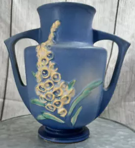 Vintage Roseville Keramik 46-7 blauer Fingerhut Doppelhenkel Vase = - Bild 1 von 7