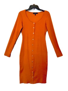 Derek Heart Damen M Kupfer Rippstrick Druckknöpfe Goldknöpfe Langarm Midikleid - Bild 1 von 9