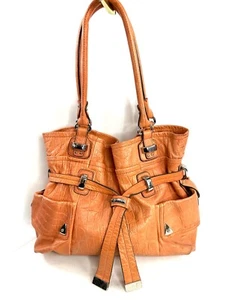 B Makowsky Orange Croc Embossed Leather Medium Shoulder Bag Belted Side Pockets - Picture 1 of 12