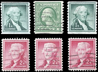US POSTAGE STAMPS WASHINGTON / JEFFERSON, 1 CENT, 2 CENT, 1914 - 1954 SET OF 6 - Image 1 of 2