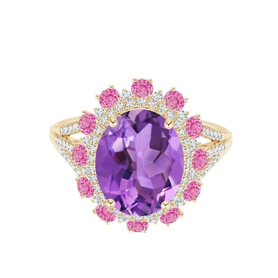 Anillo solitario redondo de oro amarillo de 14k amatista ovalada y circonita rosa con detalles Foto 1 de 4